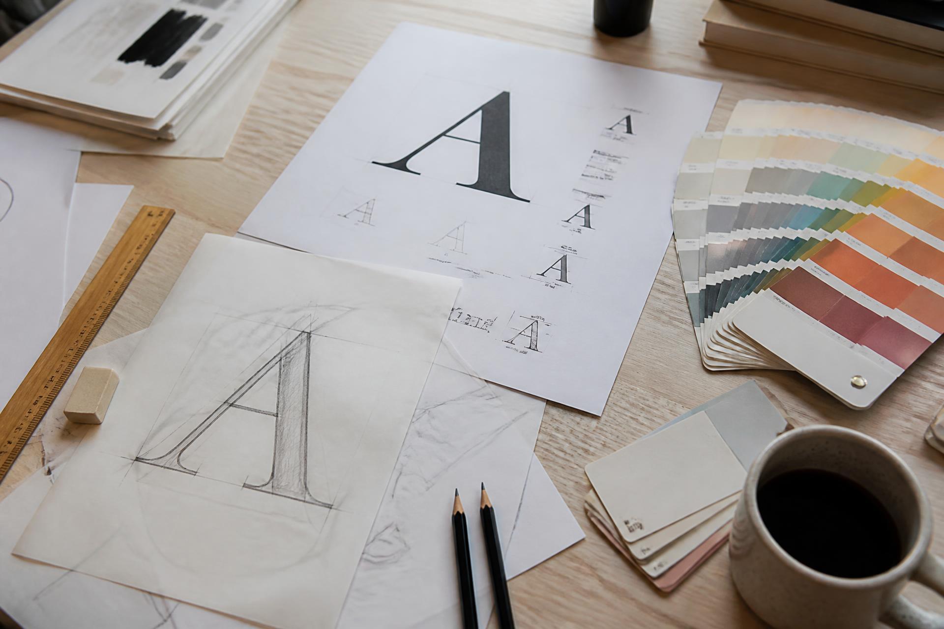Overhead view of a design studio desk with typography proofs, pencil sketches, colour swatch fans and drawing tools