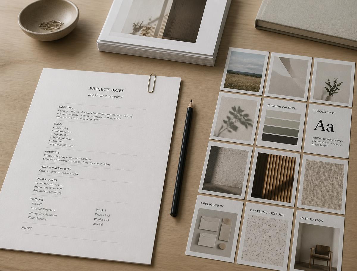 A printed one-page project brief beside an ordered grid of reference cards