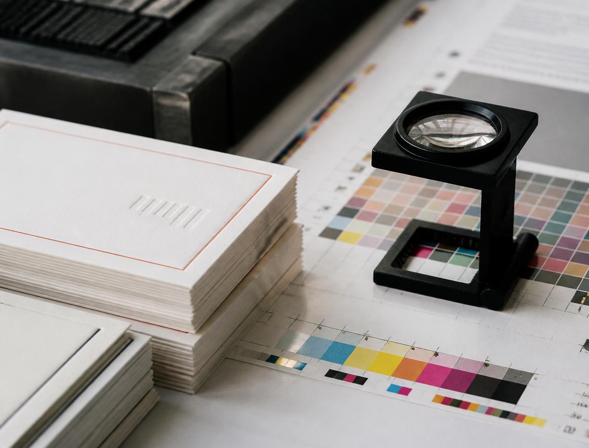 Stacked letterpress printed cards beside a colour registration proof and a printer's loupe