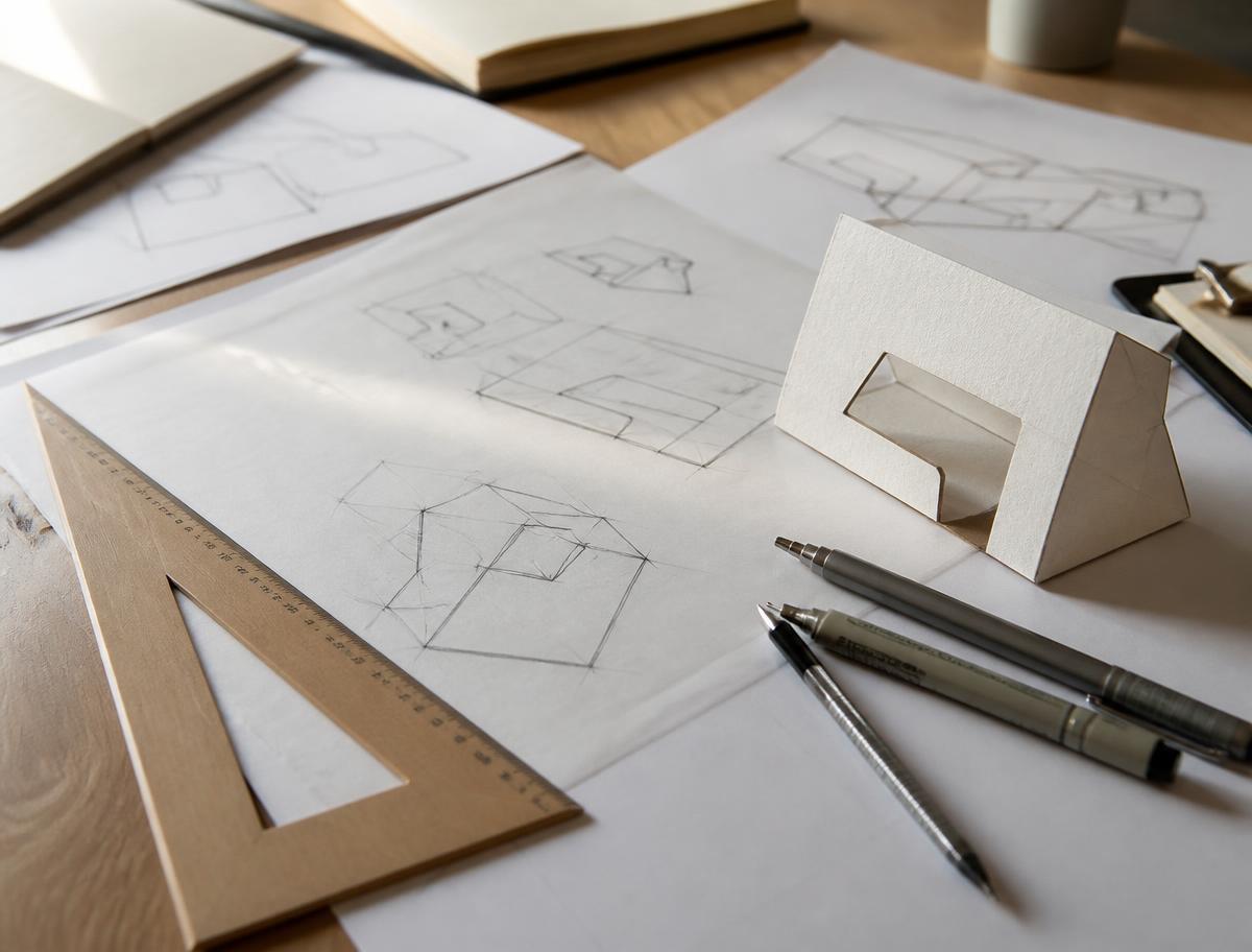 Pencil layout sketches, a set square, technical pens and a folded paper prototype