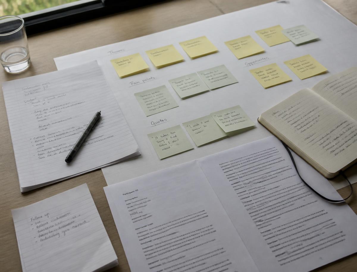 Research notes, interview transcripts and clustered sticky notes on a workshop table