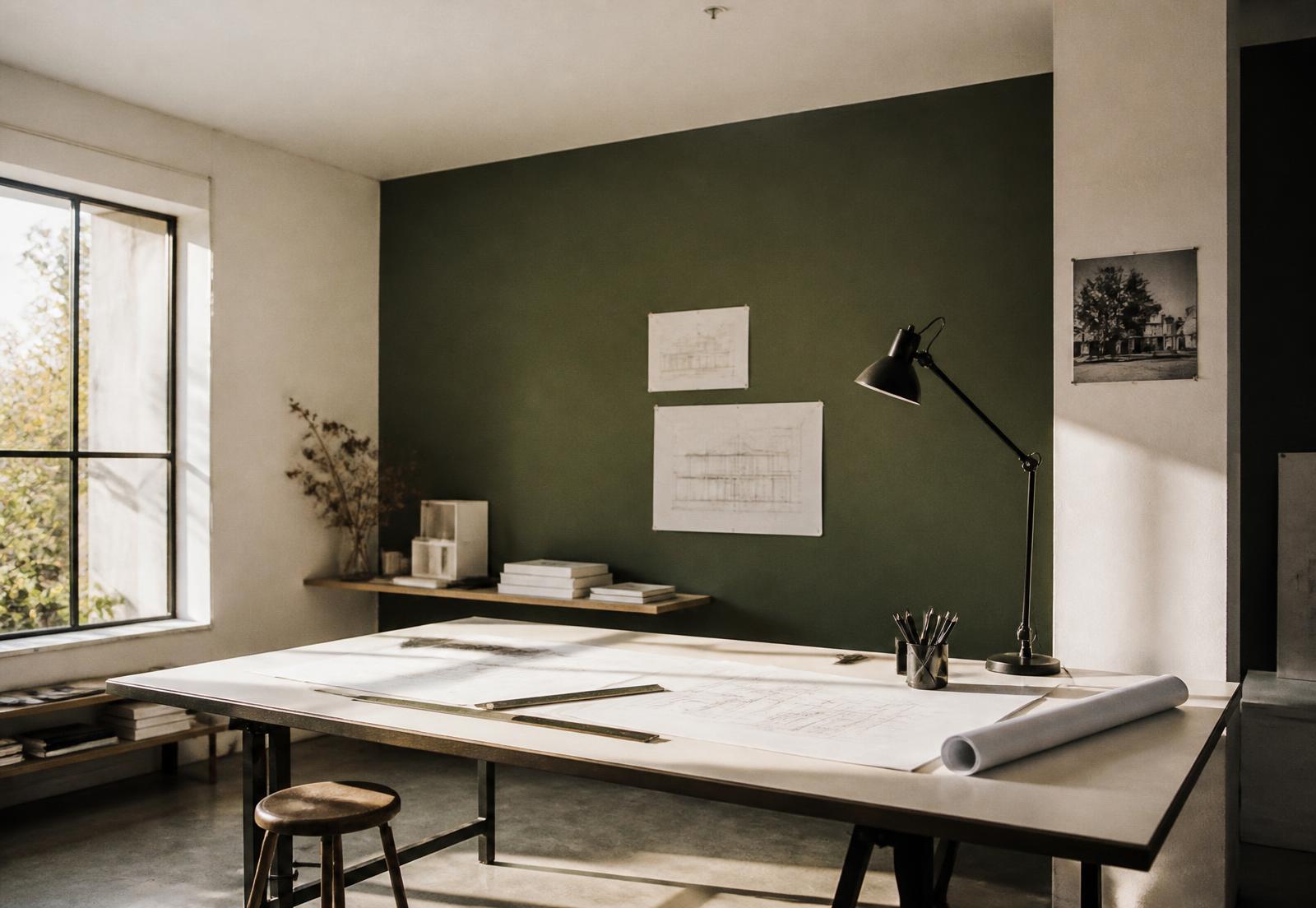 A quiet studio interior with a large drafting table, technical drawings and a deep green wall